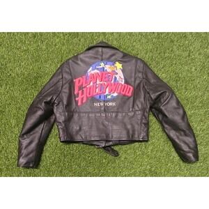 Vintage Planet Hollywood NY Leather Motorcycle Jacket Steer Brand US Black Sz 14